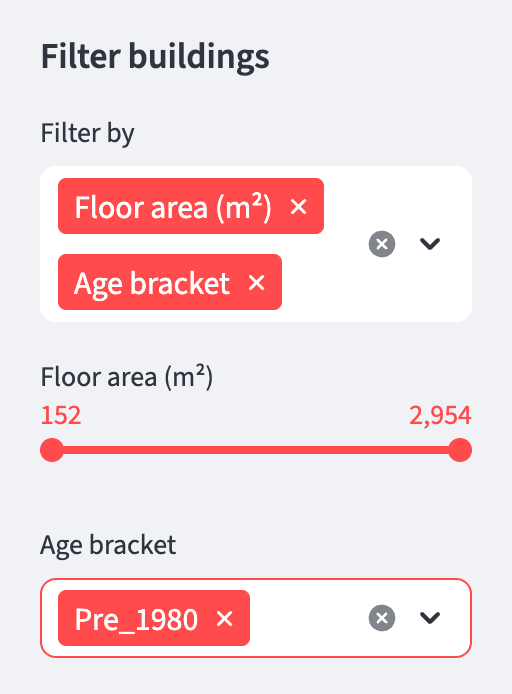 Filters in the sidebar: floor area and age bracket