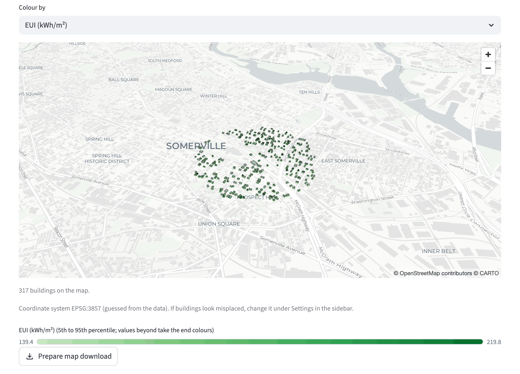 Buildings on the map, coloured by energy use intensity
