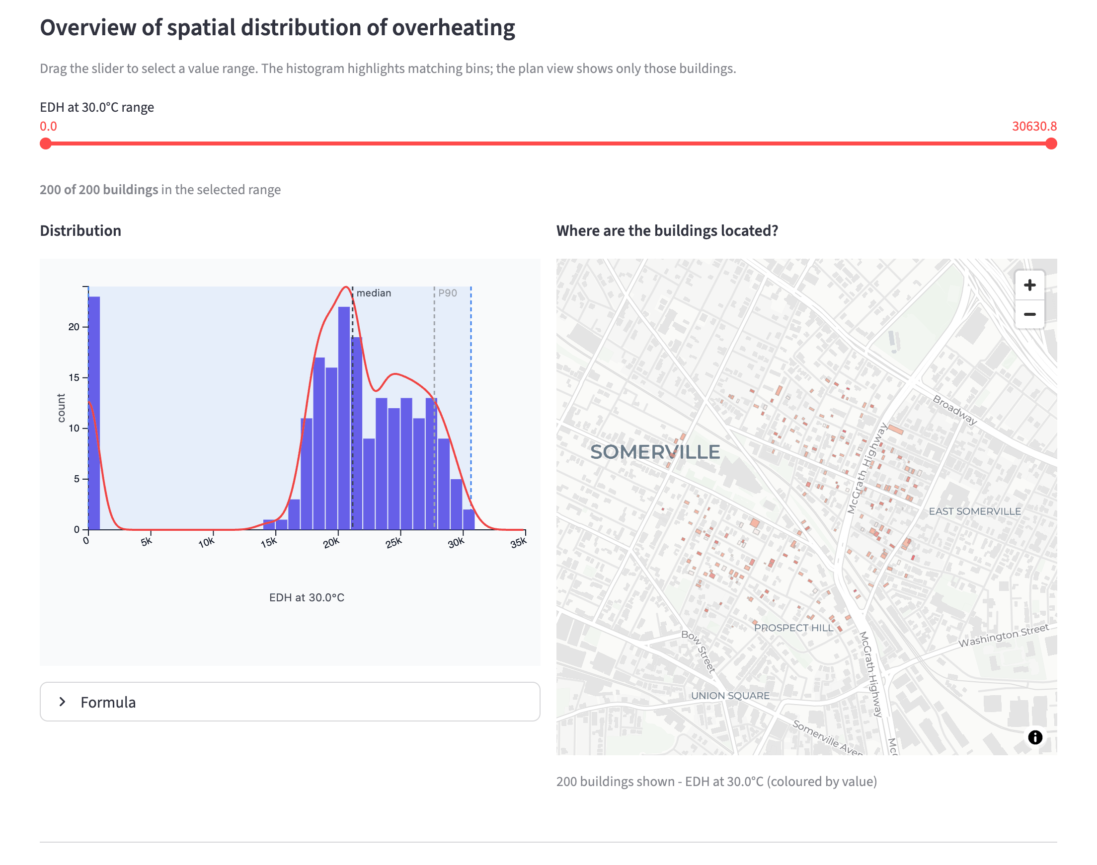 Map section: pick a range on the histogram, see those buildings on the plan