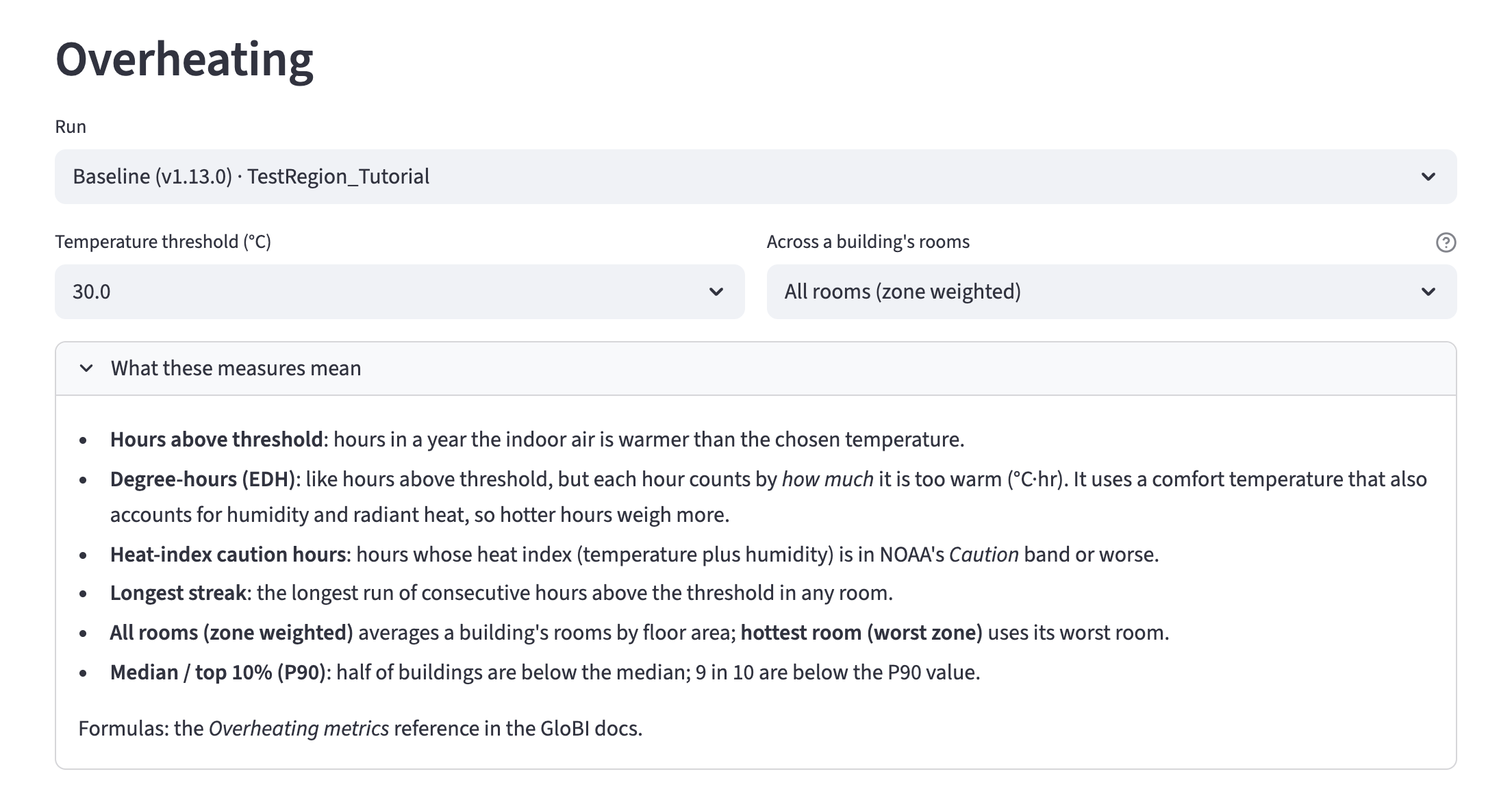 Overheating page: run, temperature, rooms and the explanation box