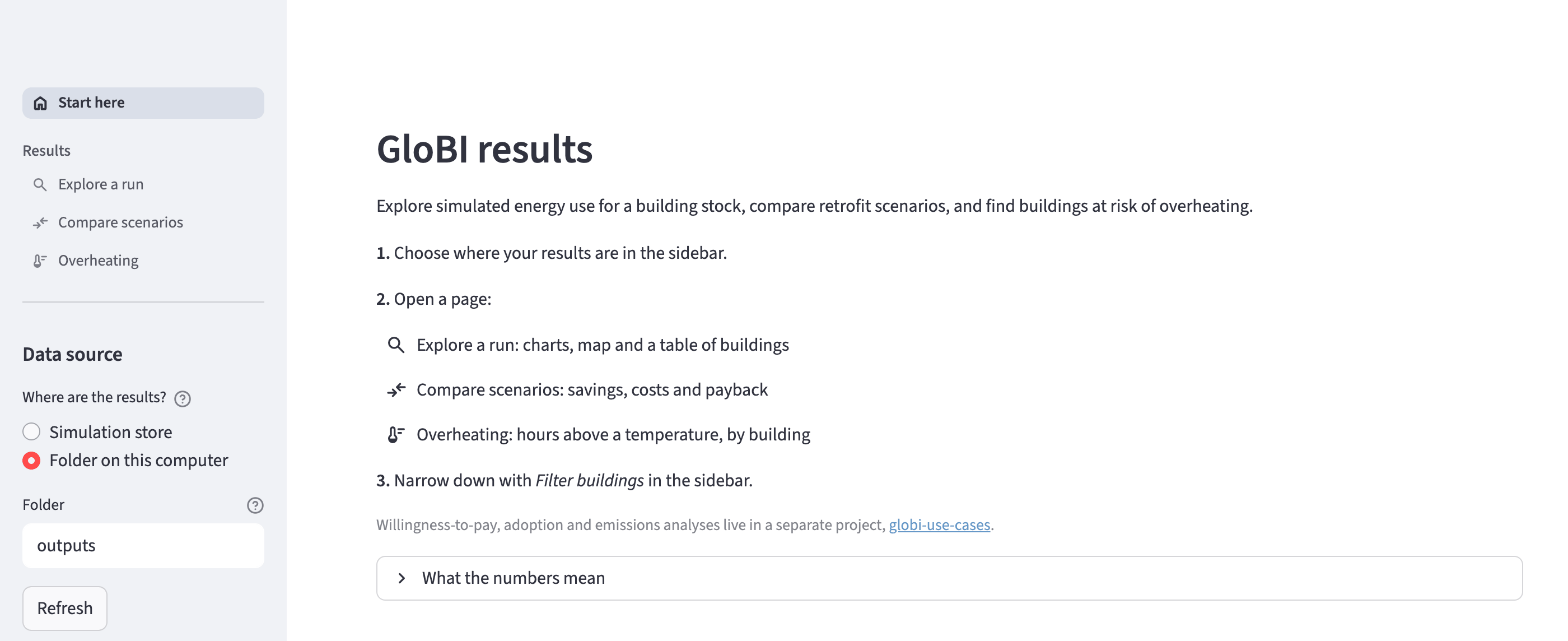 Start page with the data source in the sidebar